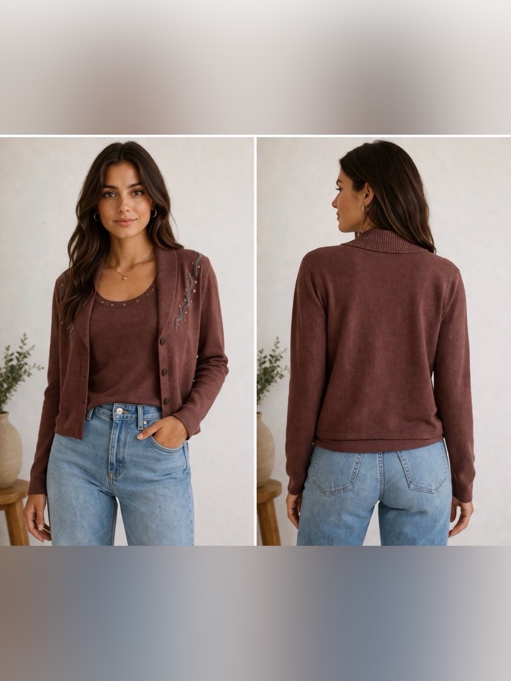 Cyrillus Brown Embroidered Shawl Collar Cardigan with Matching Tank Large L
